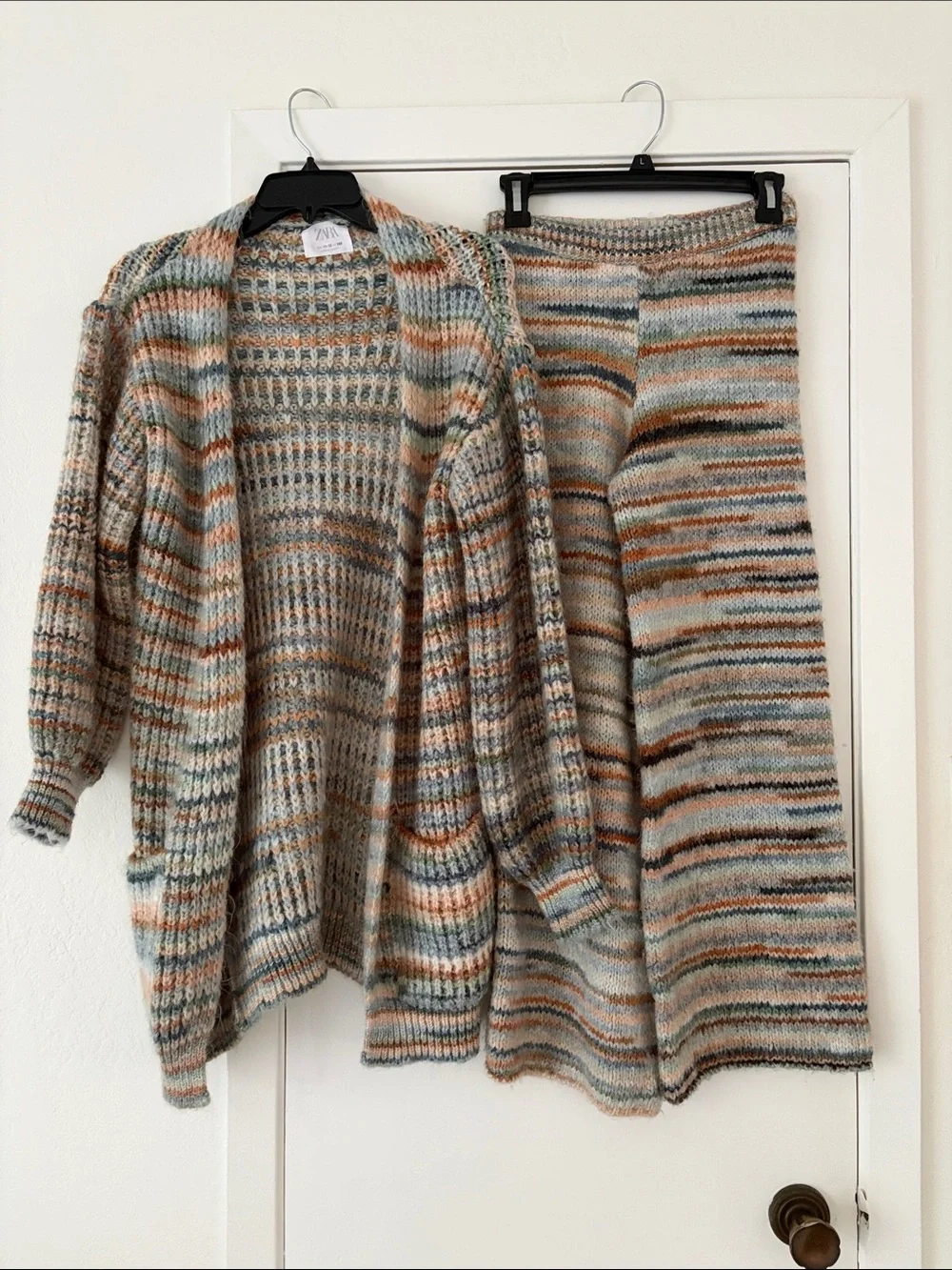 Zara Multicolor Striped Knit Cardigan & Pant Set - Cream, Tan, Blue
